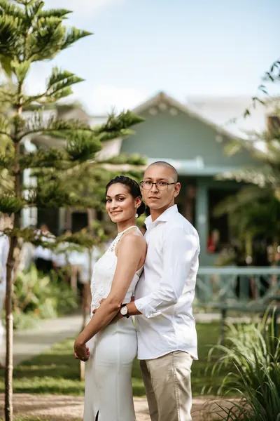 Couple posing together tropical setting, Mauritius