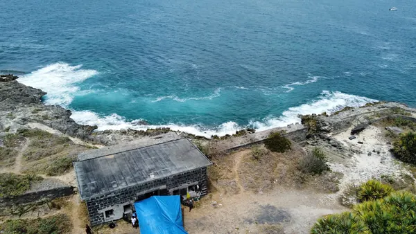 Aerial view historic coastal ruins, Mauritius