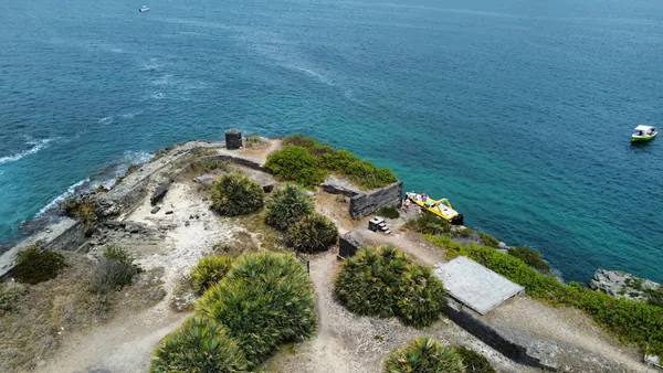 Aerial view rocky coastline meeting, Mauritius