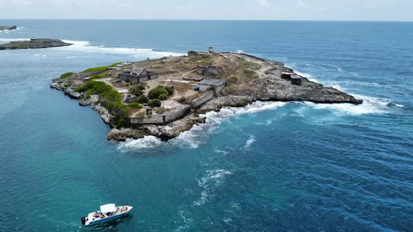 Aerial view rocky island boat, Mauritius