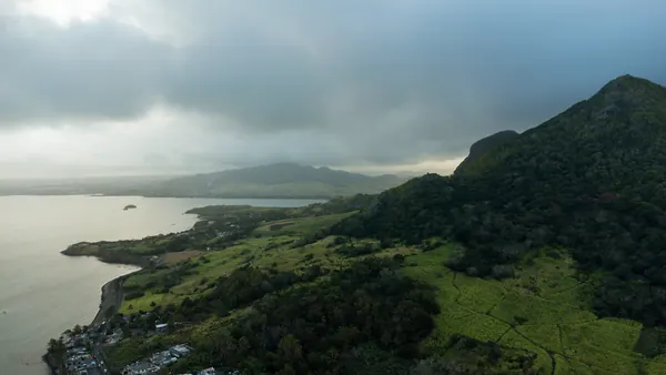 Aerial view tropical mountains under, Mauritius